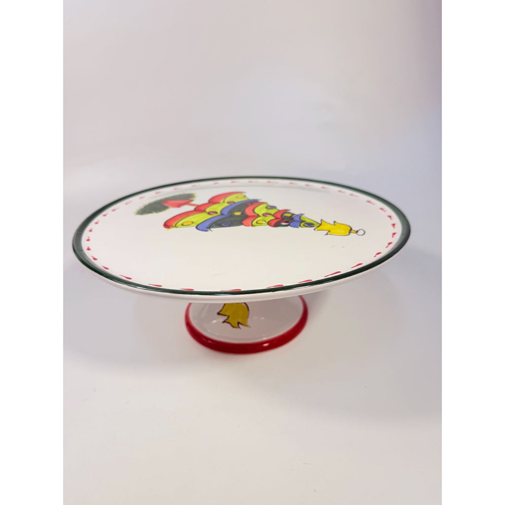 Italian Footed Cake Serving Plate Vietri Natale Green Hand Painted Christmas Tree Holiday Round Platter Italy Replacement China Vintage