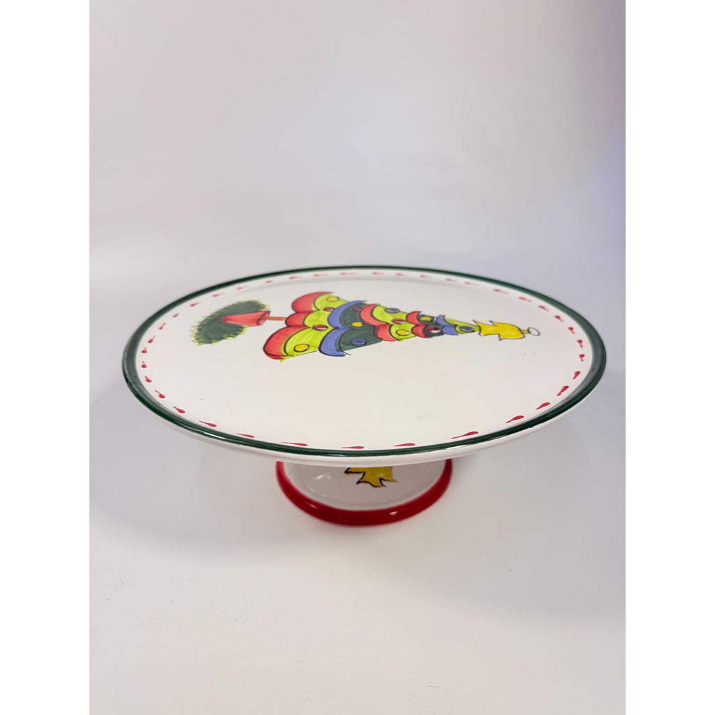 Italian Footed Cake Serving Plate Vietri Natale Green Hand Painted Christmas Tree Holiday Round Platter Italy Replacement China Vintage