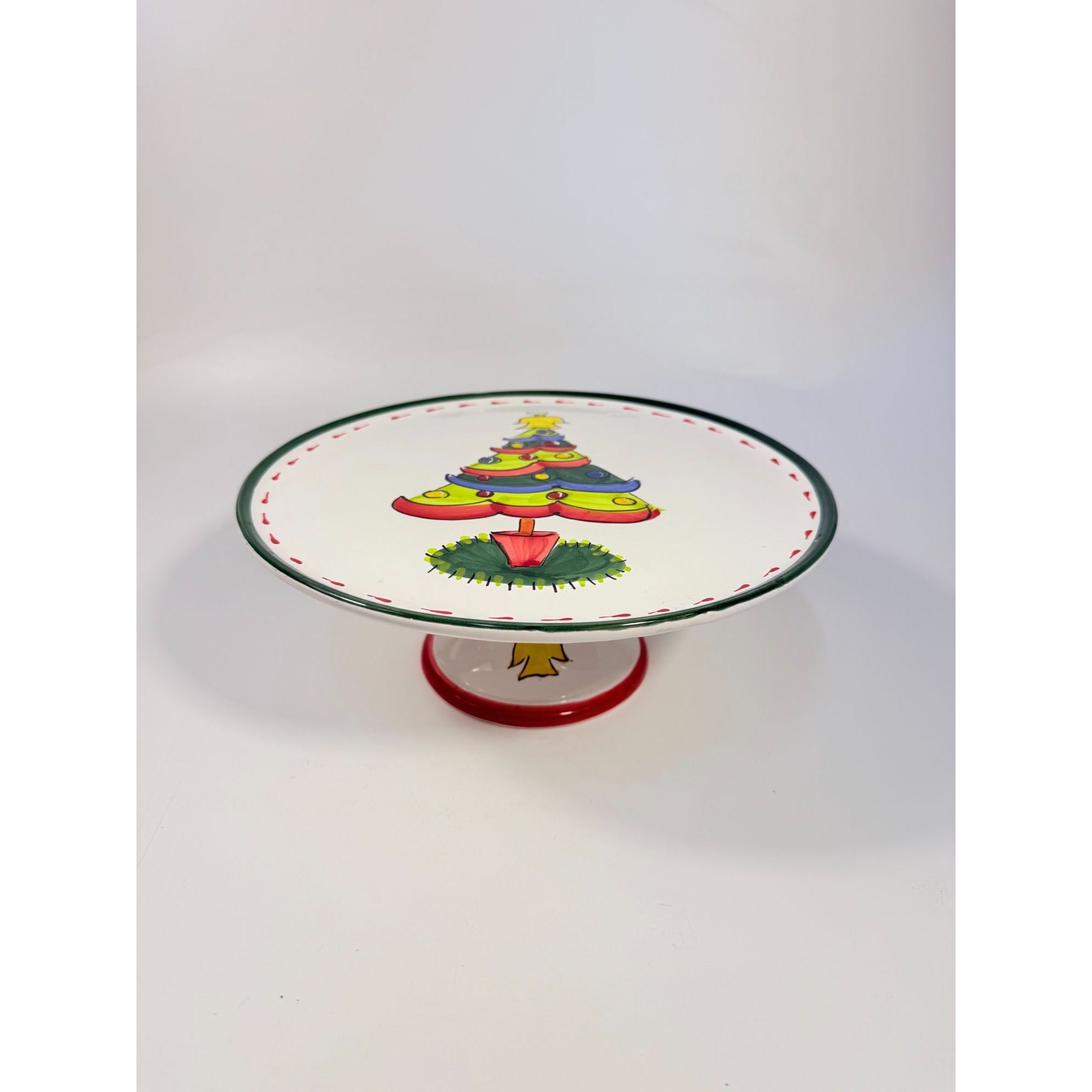 Italian Footed Cake Serving Plate Vietri Natale Green Hand Painted Christmas Tree Holiday Round Platter Italy Replacement China Vintage