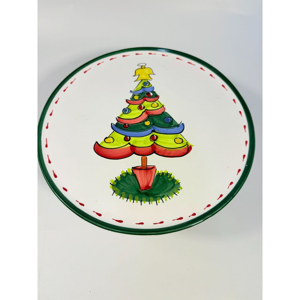 Italian Footed Cake Serving Plate Vietri Natale Green Hand Painted Christmas Tree Holiday Round Platter Italy Replacement China Vintage