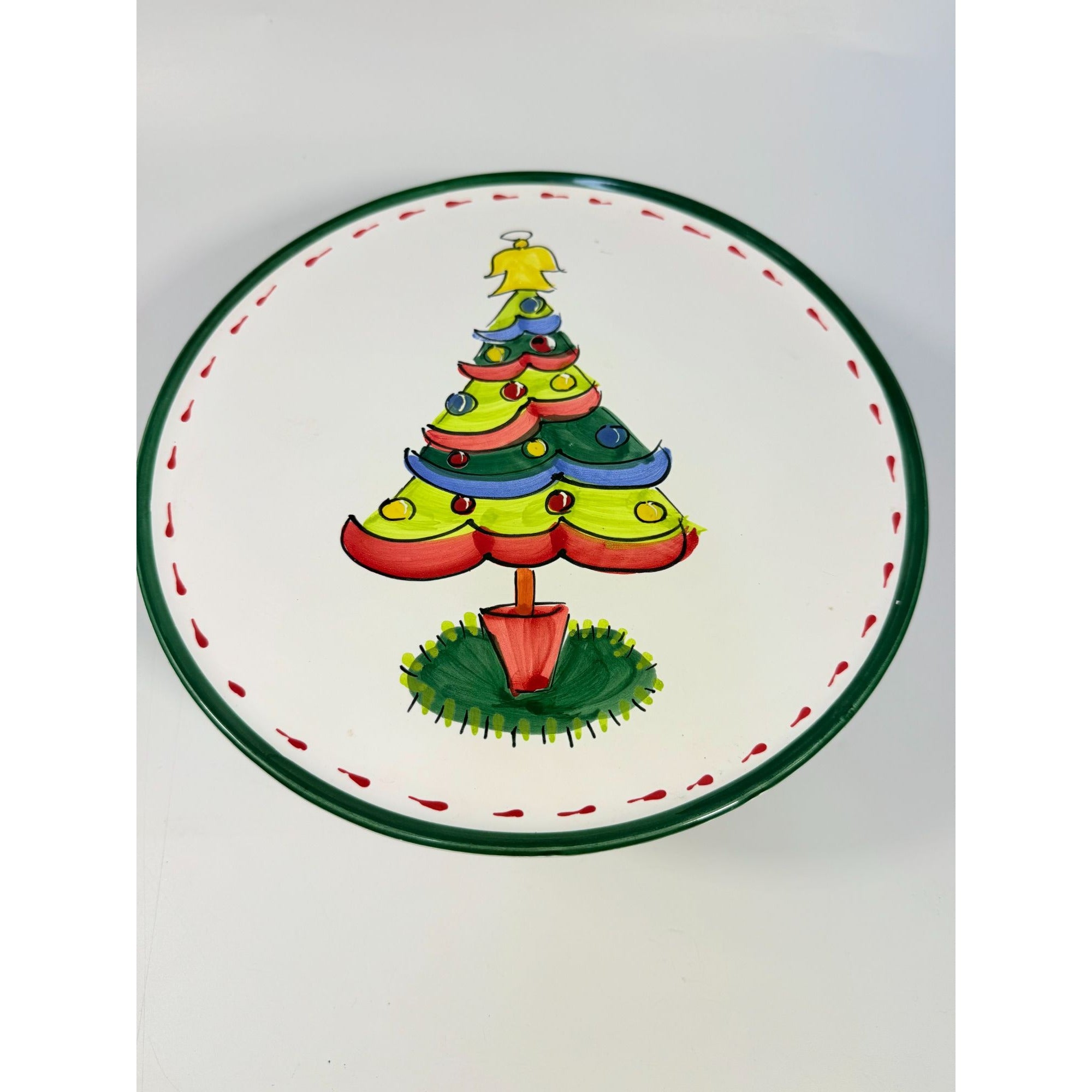 Italian Footed Cake Serving Plate Vietri Natale Green Hand Painted Christmas Tree Holiday Round Platter Italy Replacement China Vintage