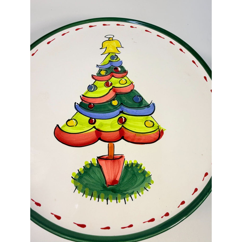 Italian Footed Cake Serving Plate Vietri Natale Green Hand Painted Christmas Tree Holiday Round Platter Italy Replacement China Vintage