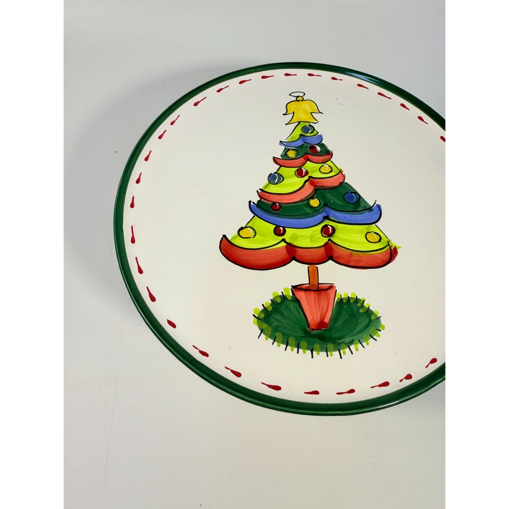 Italian Footed Cake Serving Plate Vietri Natale Green Hand Painted Christmas Tree Holiday Round Platter Italy Replacement China Vintage