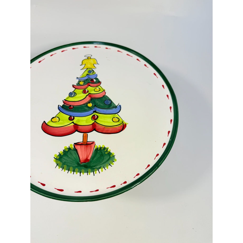 Italian Footed Cake Serving Plate Vietri Natale Green Hand Painted Christmas Tree Holiday Round Platter Italy Replacement China Vintage