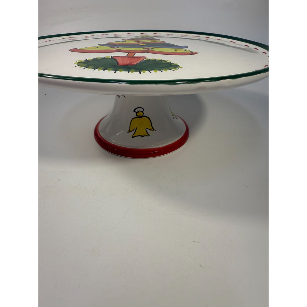 Italian Footed Cake Serving Plate Vietri Natale Green Hand Painted Christmas Tree Holiday Round Platter Italy Replacement China Vintage