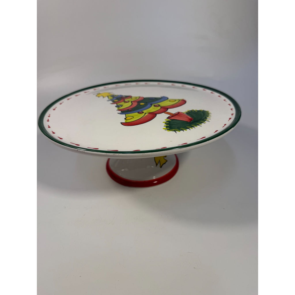 Italian Footed Cake Serving Plate Vietri Natale Green Hand Painted Christmas Tree Holiday Round Platter Italy Replacement China Vintage