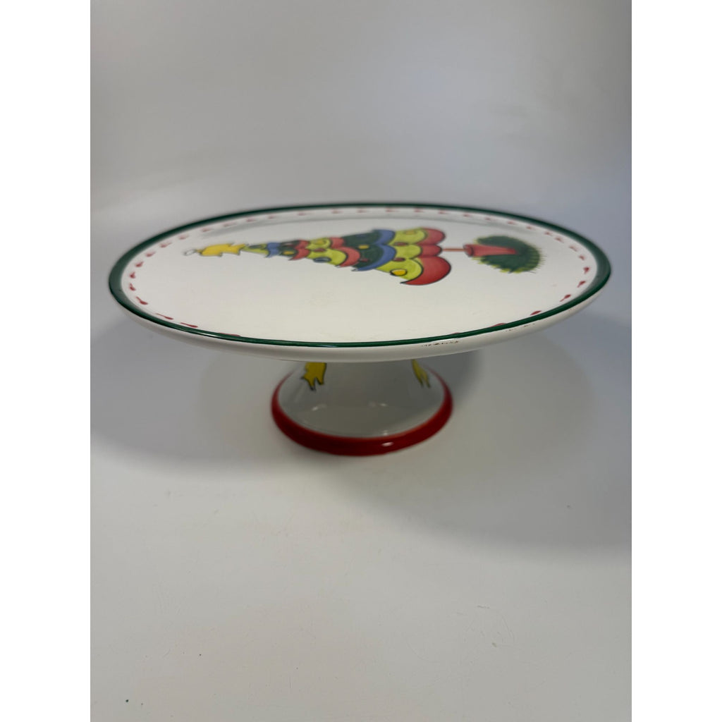 Italian Footed Cake Serving Plate Vietri Natale Green Hand Painted Christmas Tree Holiday Round Platter Italy Replacement China Vintage