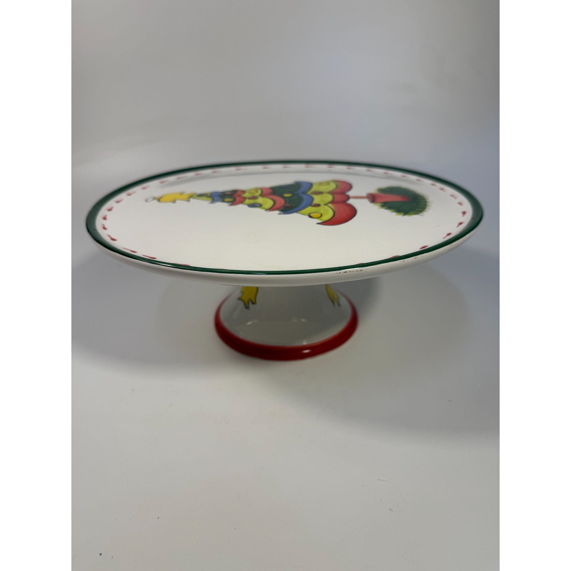 Italian Footed Cake Serving Plate Vietri Natale Green Hand Painted Christmas Tree Holiday Round Platter Italy Replacement China Vintage
