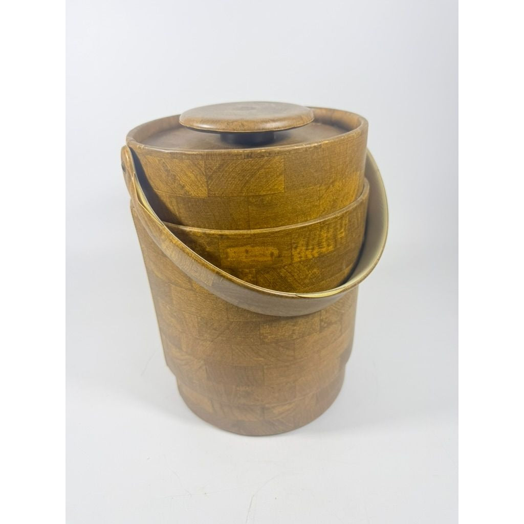 Large Ice Bucket Faux Wood Grain Vintage Mid Century Retro Elmar Products Handled Barware Hostess Party Insulated Lined  Brown Plastic