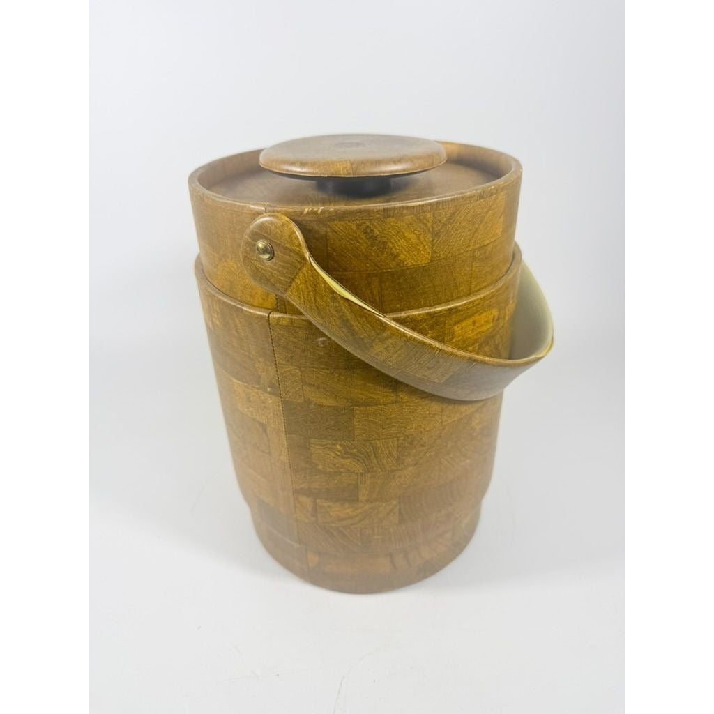 Large Ice Bucket Faux Wood Grain Vintage Mid Century Retro Elmar Products Handled Barware Hostess Party Insulated Lined  Brown Plastic