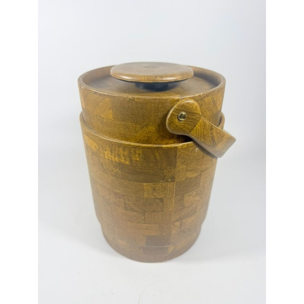 Large Ice Bucket Faux Wood Grain Vintage Mid Century Retro Elmar Products Handled Barware Hostess Party Insulated Lined  Brown Plastic
