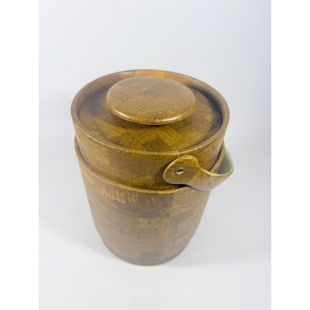 Large Ice Bucket Faux Wood Grain Vintage Mid Century Retro Elmar Products Handled Barware Hostess Party Insulated Lined  Brown Plastic