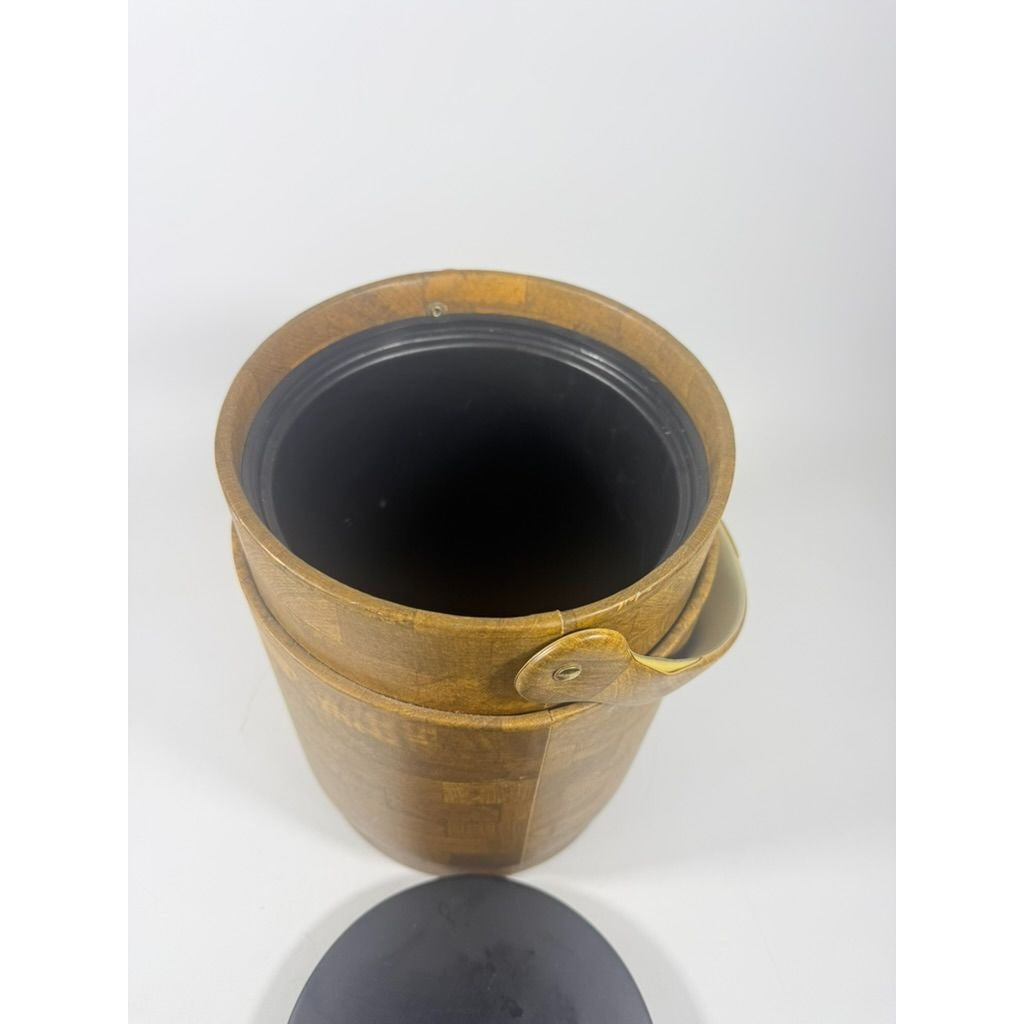 Large Ice Bucket Faux Wood Grain Vintage Mid Century Retro Elmar Products Handled Barware Hostess Party Insulated Lined  Brown Plastic