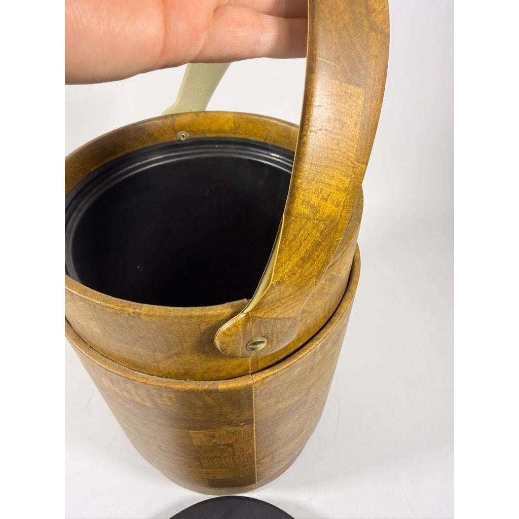 Large Ice Bucket Faux Wood Grain Vintage Mid Century Retro Elmar Products Handled Barware Hostess Party Insulated Lined  Brown Plastic