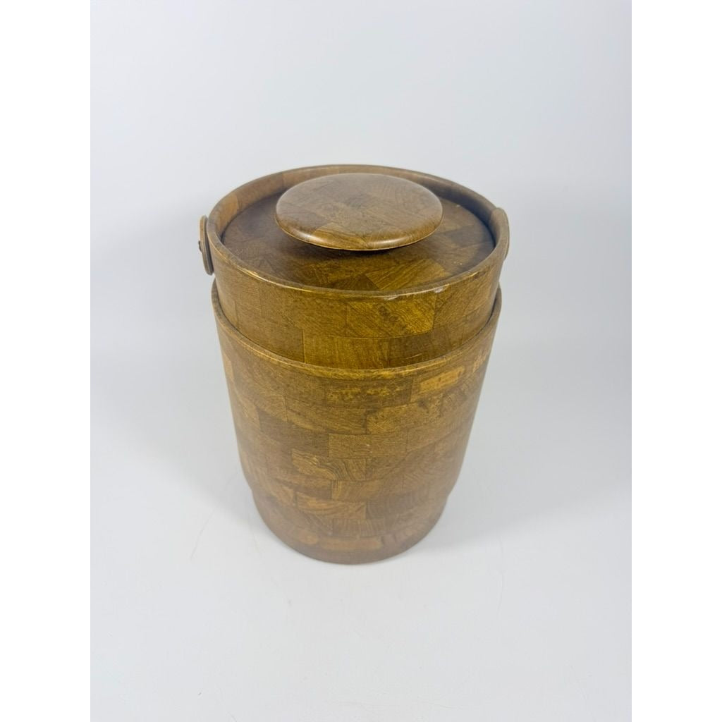 Large Ice Bucket Faux Wood Grain Vintage Mid Century Retro Elmar Products Handled Barware Hostess Party Insulated Lined  Brown Plastic