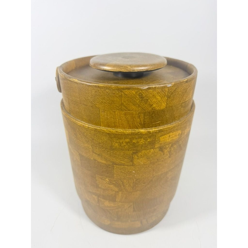 Large Ice Bucket Faux Wood Grain Vintage Mid Century Retro Elmar Products Handled Barware Hostess Party Insulated Lined  Brown Plastic