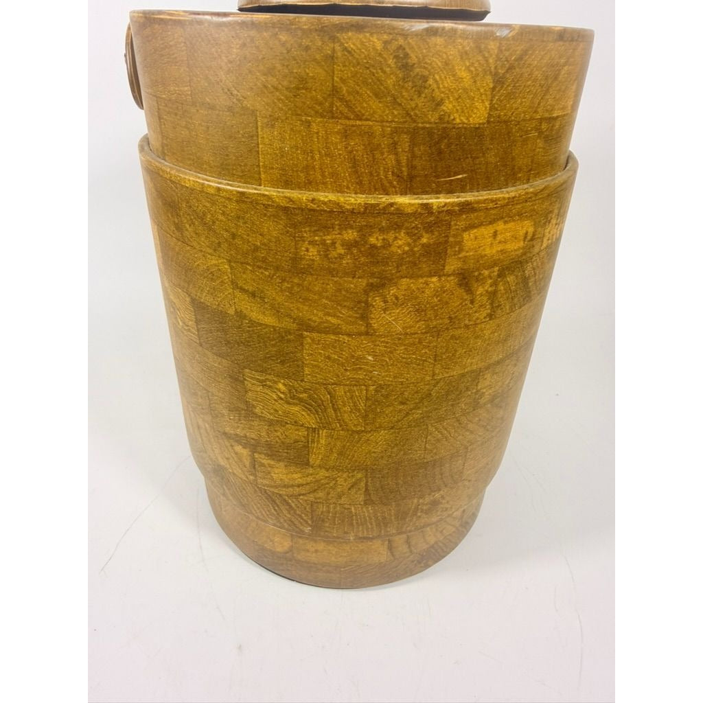 Large Ice Bucket Faux Wood Grain Vintage Mid Century Retro Elmar Products Handled Barware Hostess Party Insulated Lined  Brown Plastic