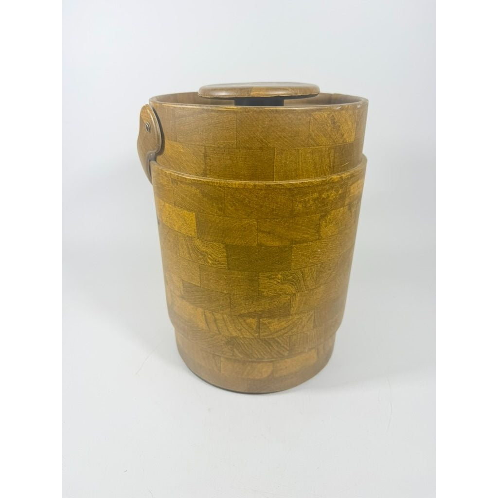 Large Ice Bucket Faux Wood Grain Vintage Mid Century Retro Elmar Products Handled Barware Hostess Party Insulated Lined  Brown Plastic