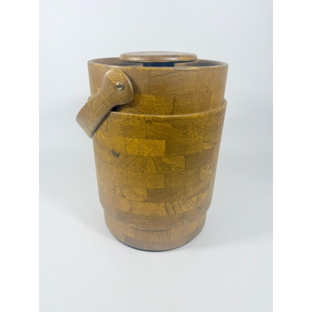 Large Ice Bucket Faux Wood Grain Vintage Mid Century Retro Elmar Products Handled Barware Hostess Party Insulated Lined  Brown Plastic