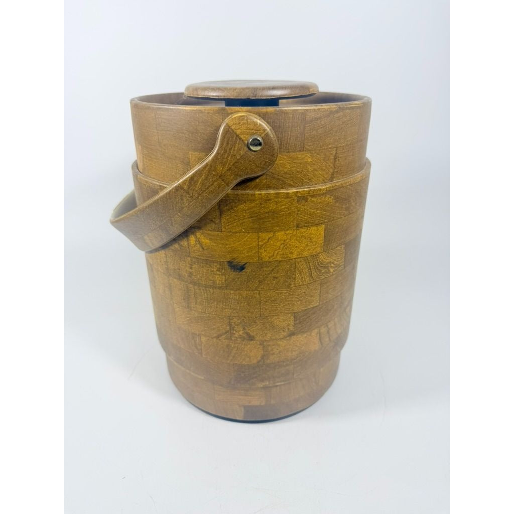 Large Ice Bucket Faux Wood Grain Vintage Mid Century Retro Elmar Products Handled Barware Hostess Party Insulated Lined  Brown Plastic
