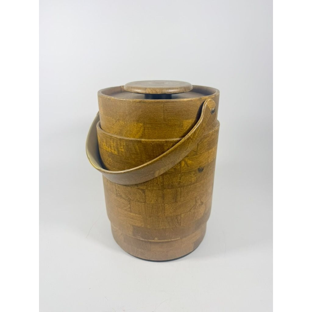 Large Ice Bucket Faux Wood Grain Vintage Mid Century Retro Elmar Products Handled Barware Hostess Party Insulated Lined  Brown Plastic