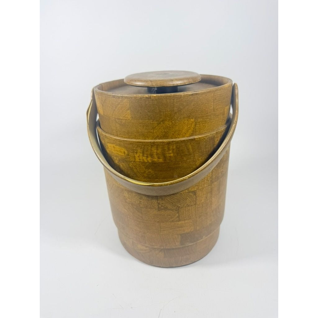 Large Ice Bucket Faux Wood Grain Vintage Mid Century Retro Elmar Products Handled Barware Hostess Party Insulated Lined  Brown Plastic