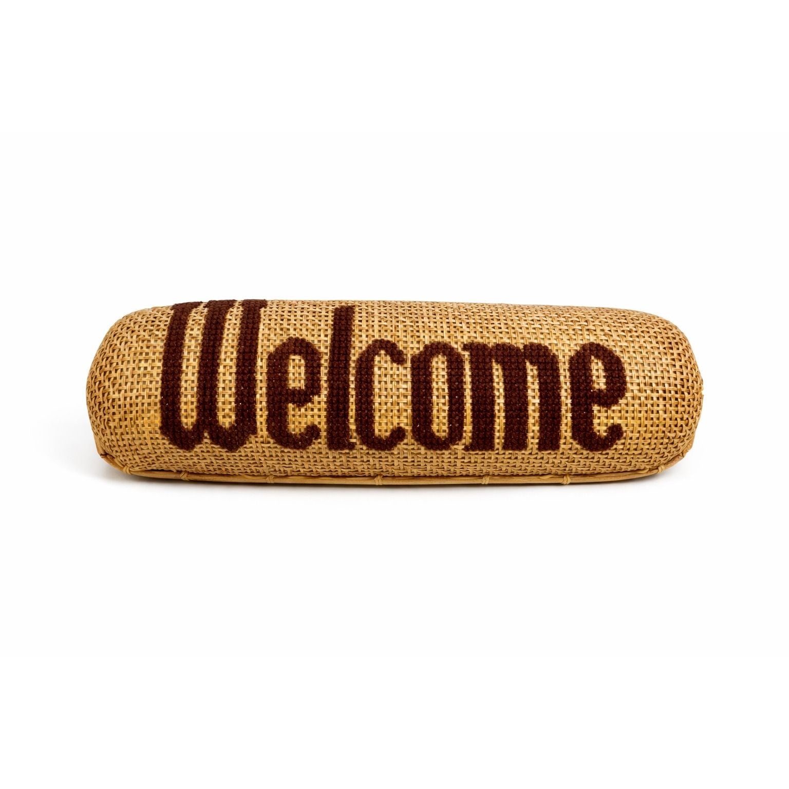 Rattan Wall Sign Basket Welcome Vintage Handmade Cross stitch Unique Yarn Needlework Home Decor Kitchen Foyer Kitsch Cottage Granny Core
