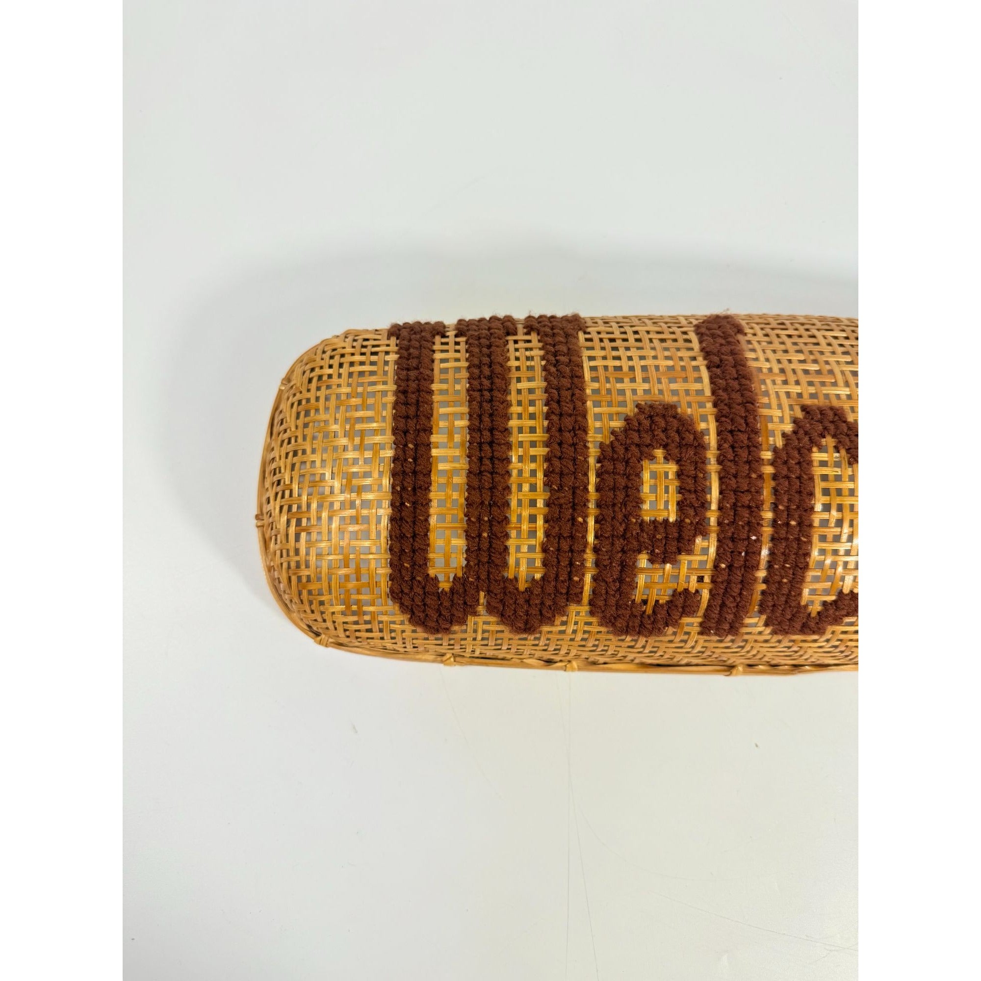 Rattan Wall Sign Basket Welcome Vintage Handmade Cross stitch Unique Yarn Needlework Home Decor Kitchen Foyer Kitsch Cottage Granny Core