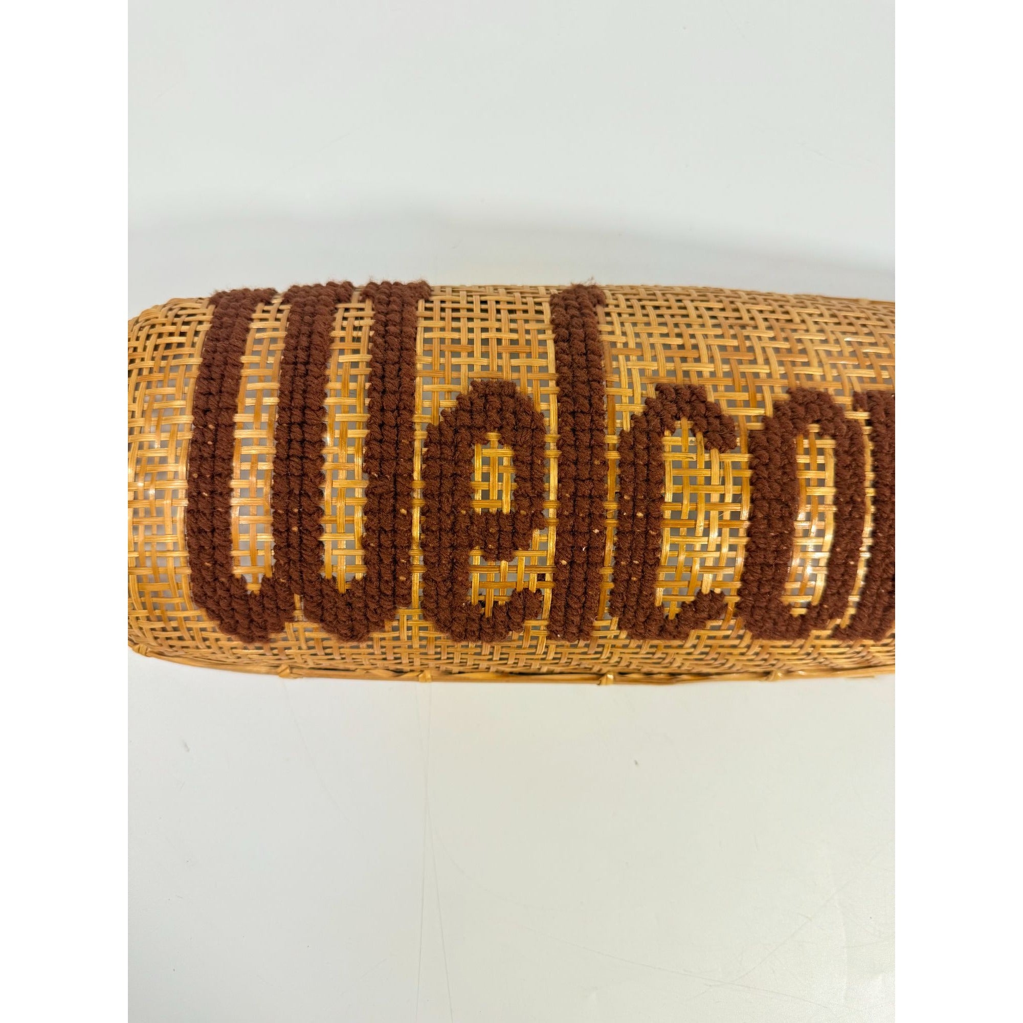 Rattan Wall Sign Basket Welcome Vintage Handmade Cross stitch Unique Yarn Needlework Home Decor Kitchen Foyer Kitsch Cottage Granny Core
