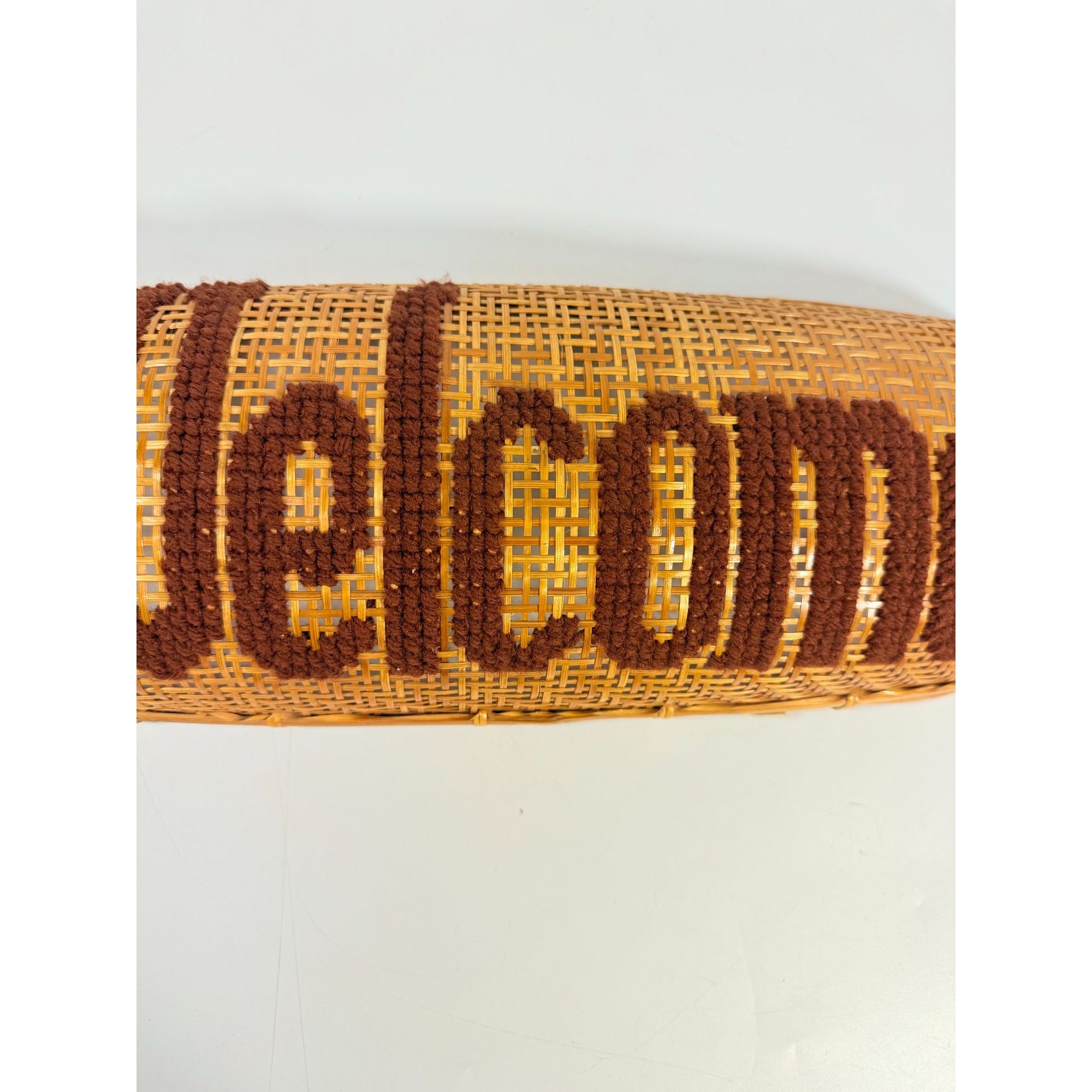 Rattan Wall Sign Basket Welcome Vintage Handmade Cross stitch Unique Yarn Needlework Home Decor Kitchen Foyer Kitsch Cottage Granny Core