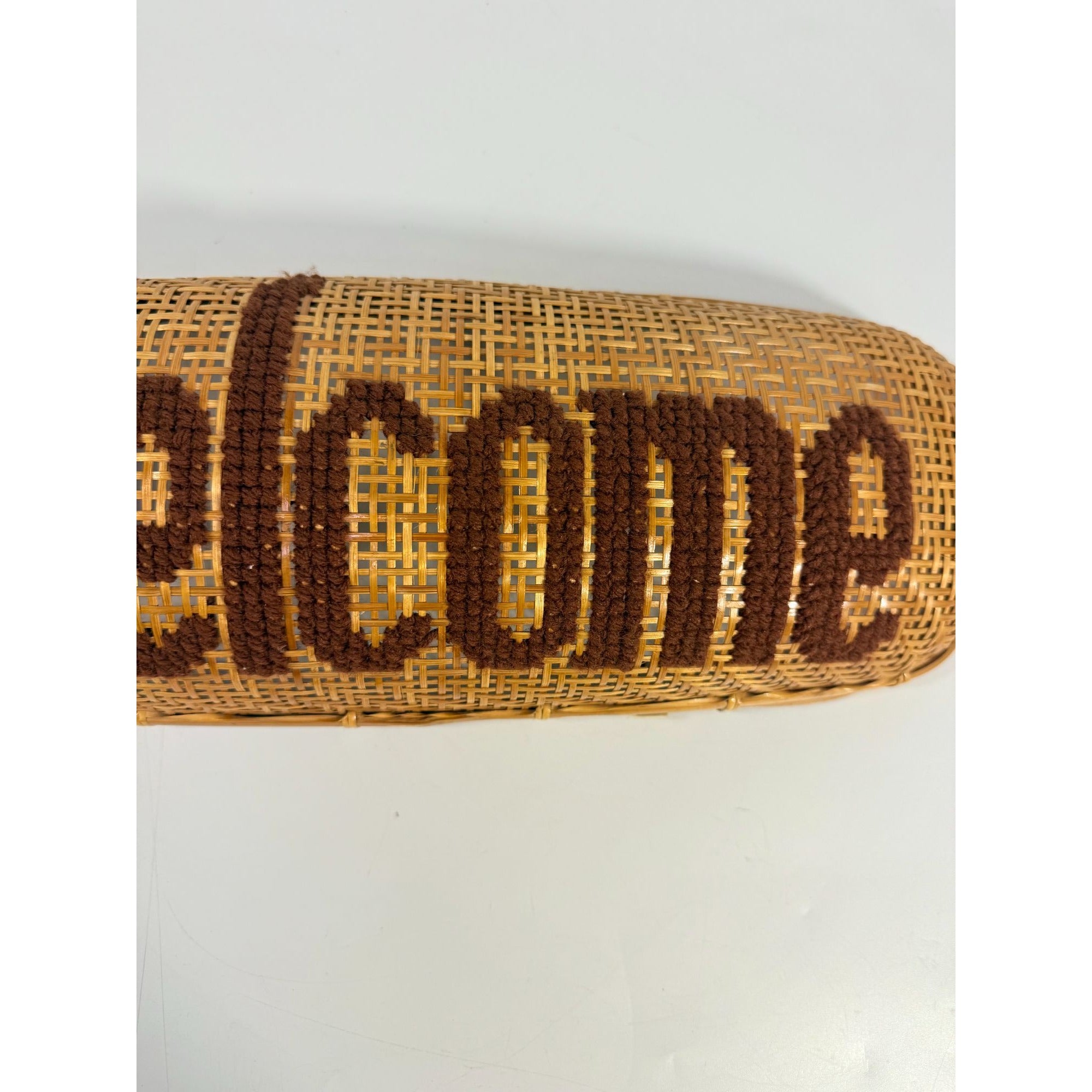 Rattan Wall Sign Basket Welcome Vintage Handmade Cross stitch Unique Yarn Needlework Home Decor Kitchen Foyer Kitsch Cottage Granny Core