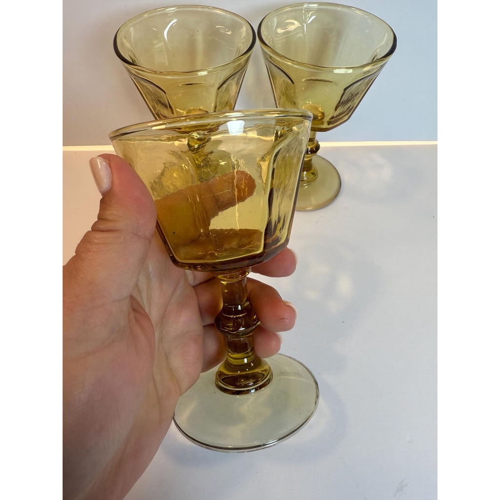 Coupe Wine Cocktail Glasses Anchor Hocking "Courtney" Yellow Amber Set 6 Hand Brlown  Paneled Stemware Glassware Honeycomb Textured Glass