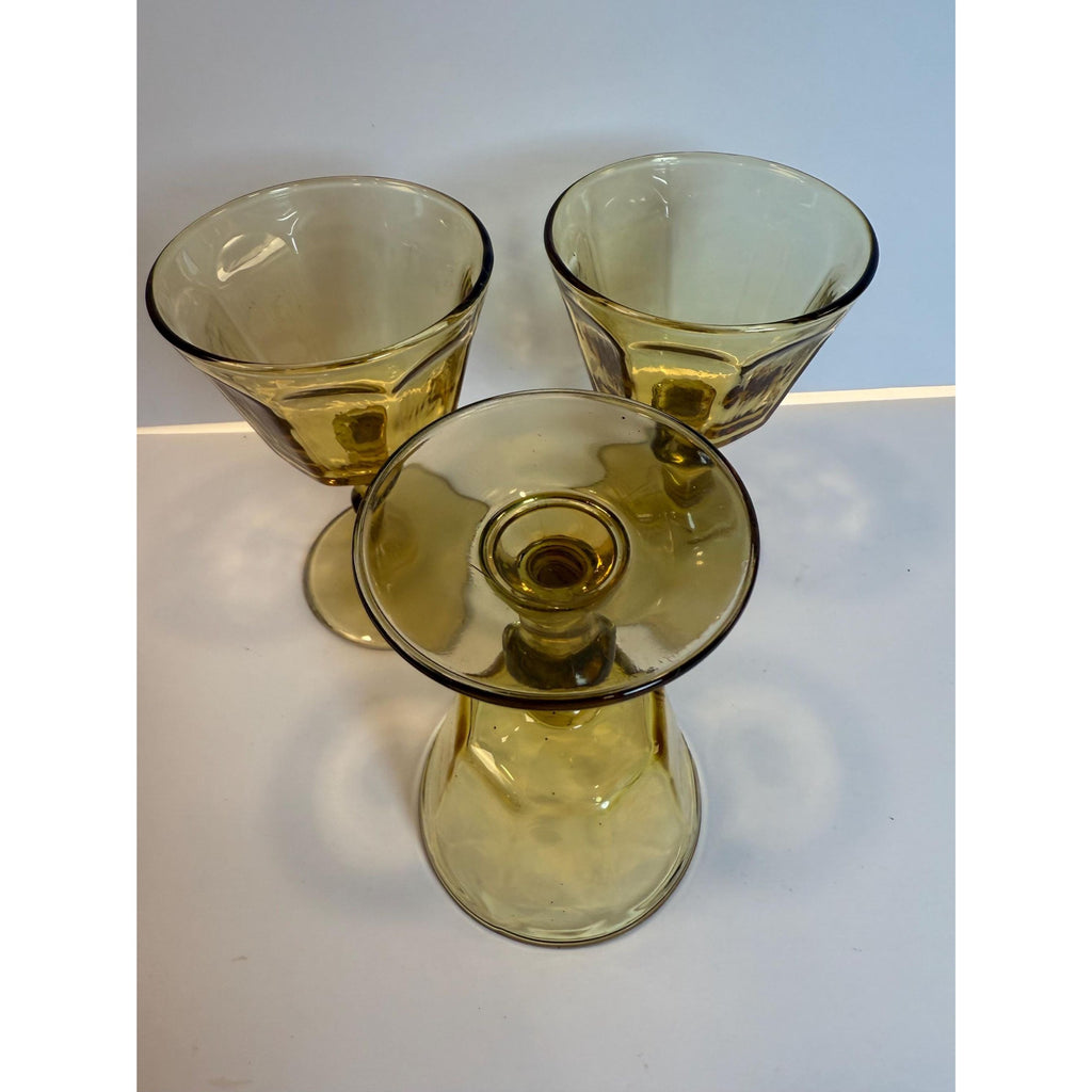 Coupe Wine Cocktail Glasses Anchor Hocking "Courtney" Yellow Amber Set 6 Hand Brlown  Paneled Stemware Glassware Honeycomb Textured Glass