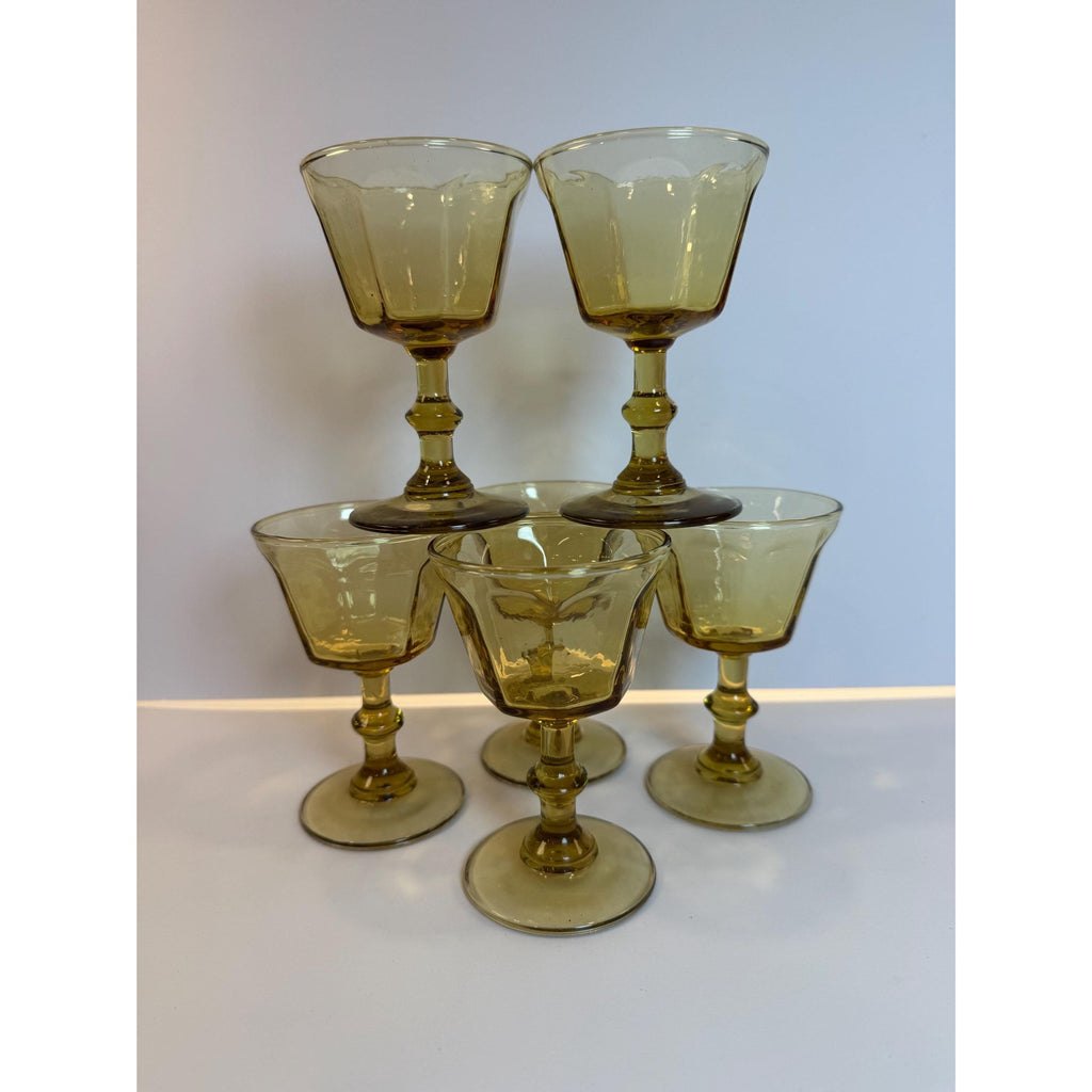 Coupe Wine Cocktail Glasses Anchor Hocking "Courtney" Yellow Amber Set 6 Hand Brlown  Paneled Stemware Glassware Honeycomb Textured Glass