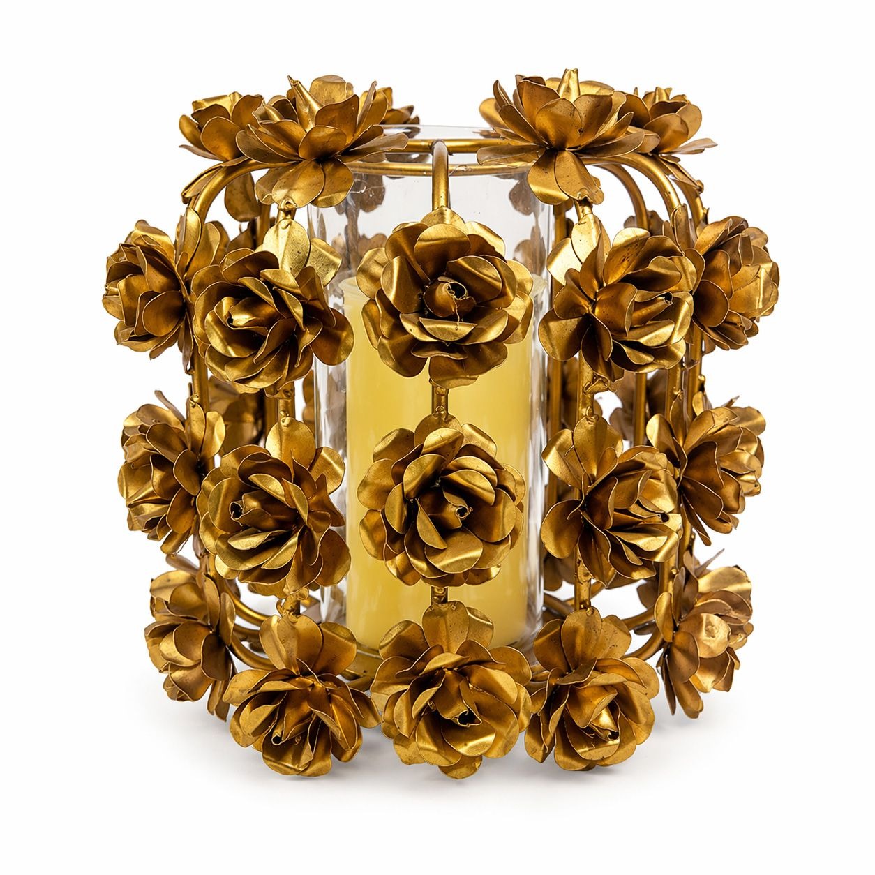 Candle Holder Vase Metal Flowers Roses Table Centerpiece Brushed Gold  Vintage Table Top Wedding Outdoor Indoor Porch Decor Romatic Glass