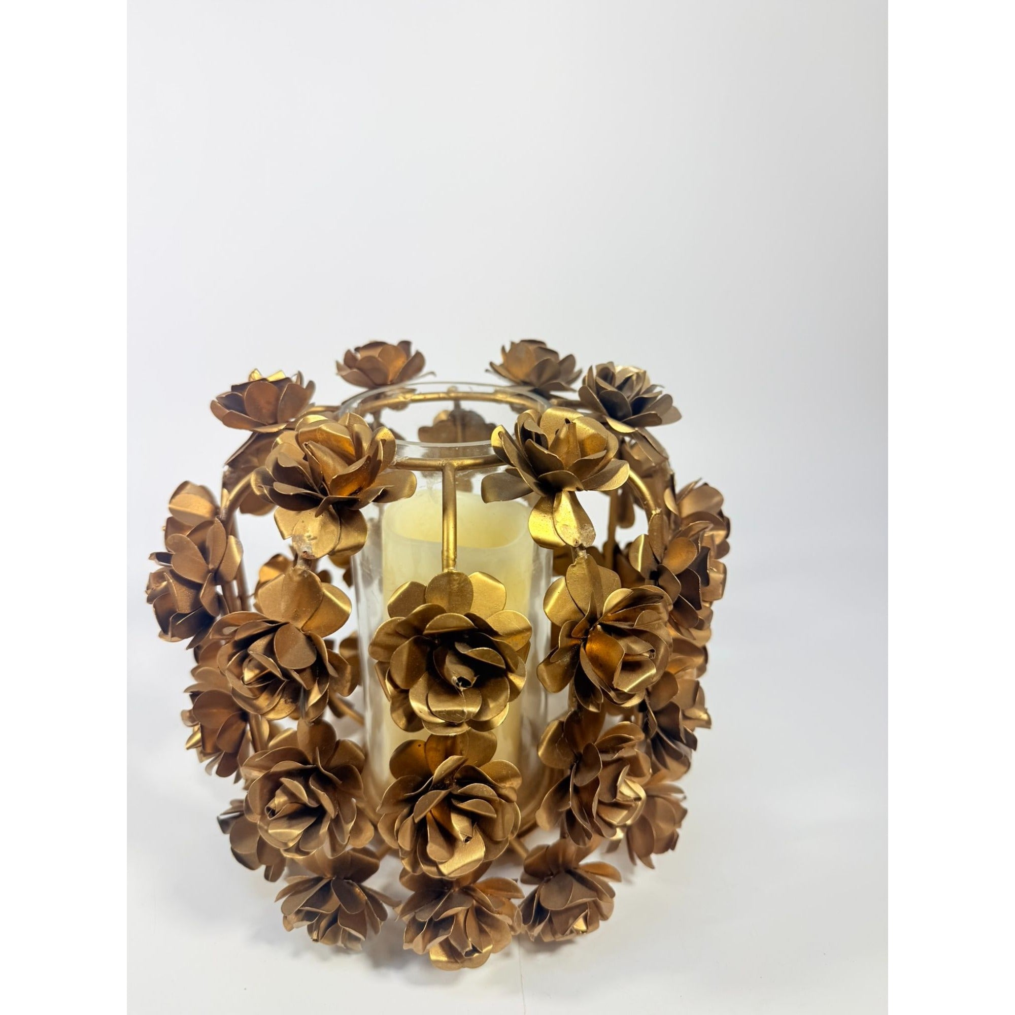 Candle Holder Vase Metal Flowers Roses Table Centerpiece Brushed Gold  Vintage Table Top Wedding Outdoor Indoor Porch Decor Romatic Glass
