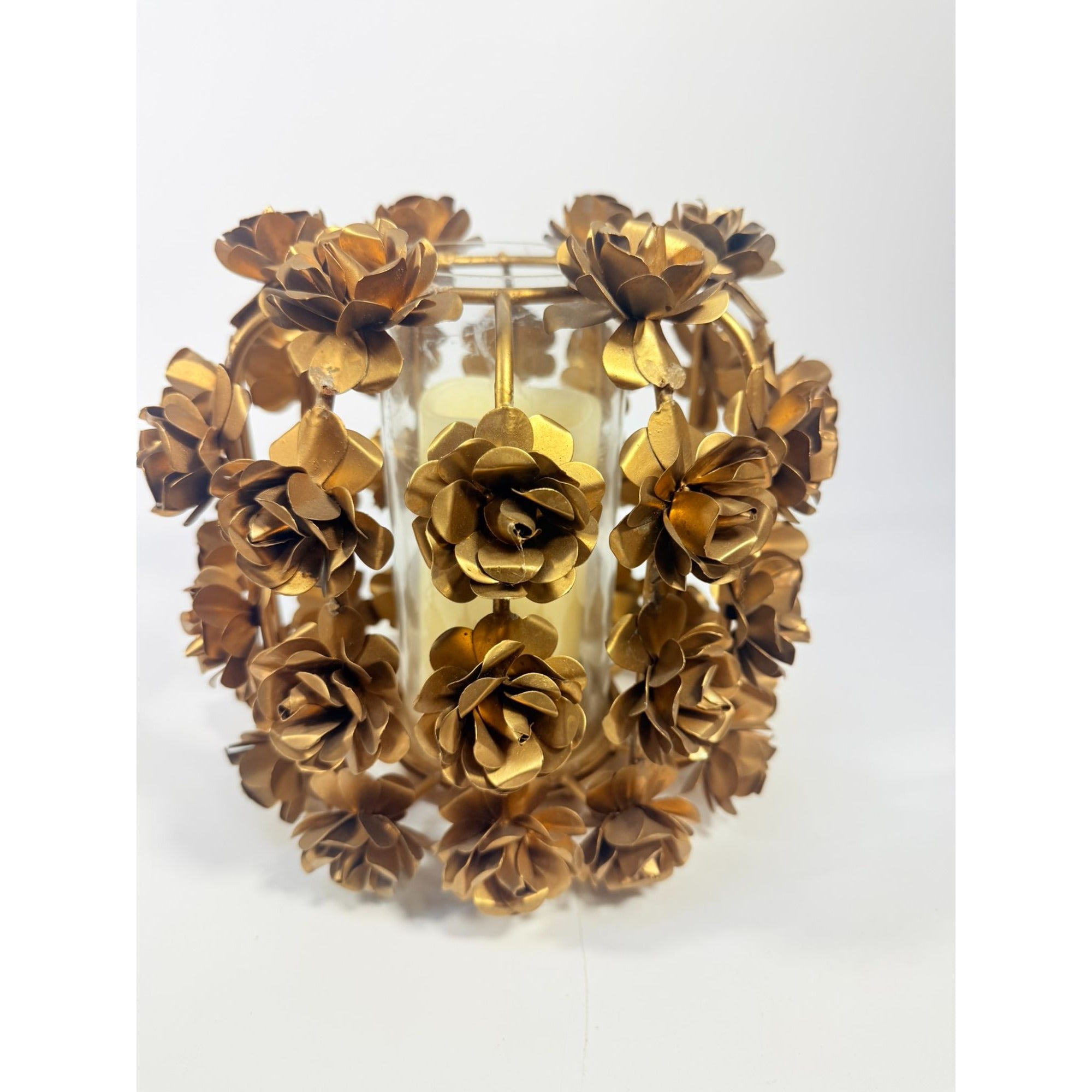Candle Holder Vase Metal Flowers Roses Table Centerpiece Brushed Gold  Vintage Table Top Wedding Outdoor Indoor Porch Decor Romatic Glass