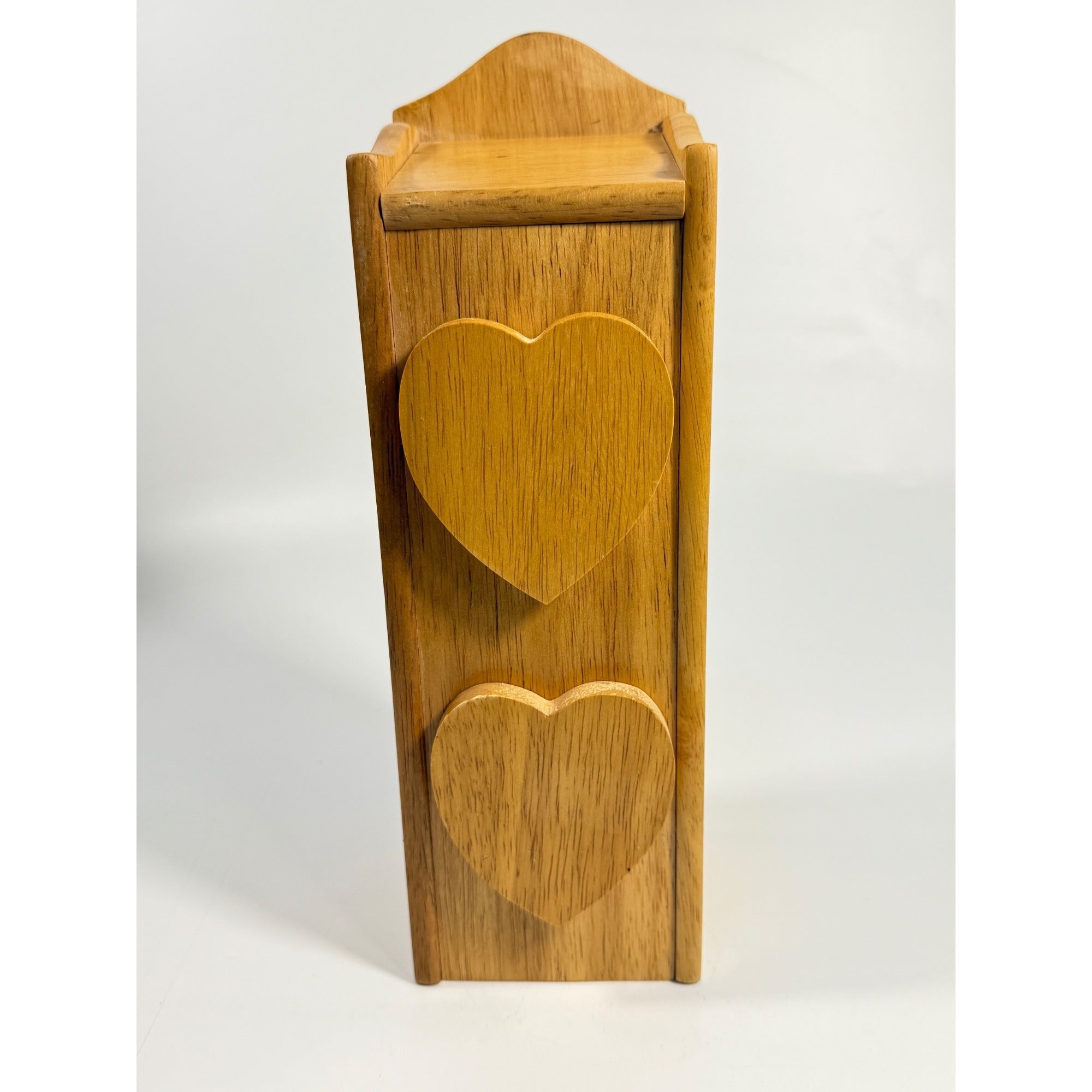 Solid Wood Tower Jewelry Storage Box Wooden Hearts Drawers Hinged Lid Hand Made Cottage Granny Core Country Primitve Wall Table Shelf