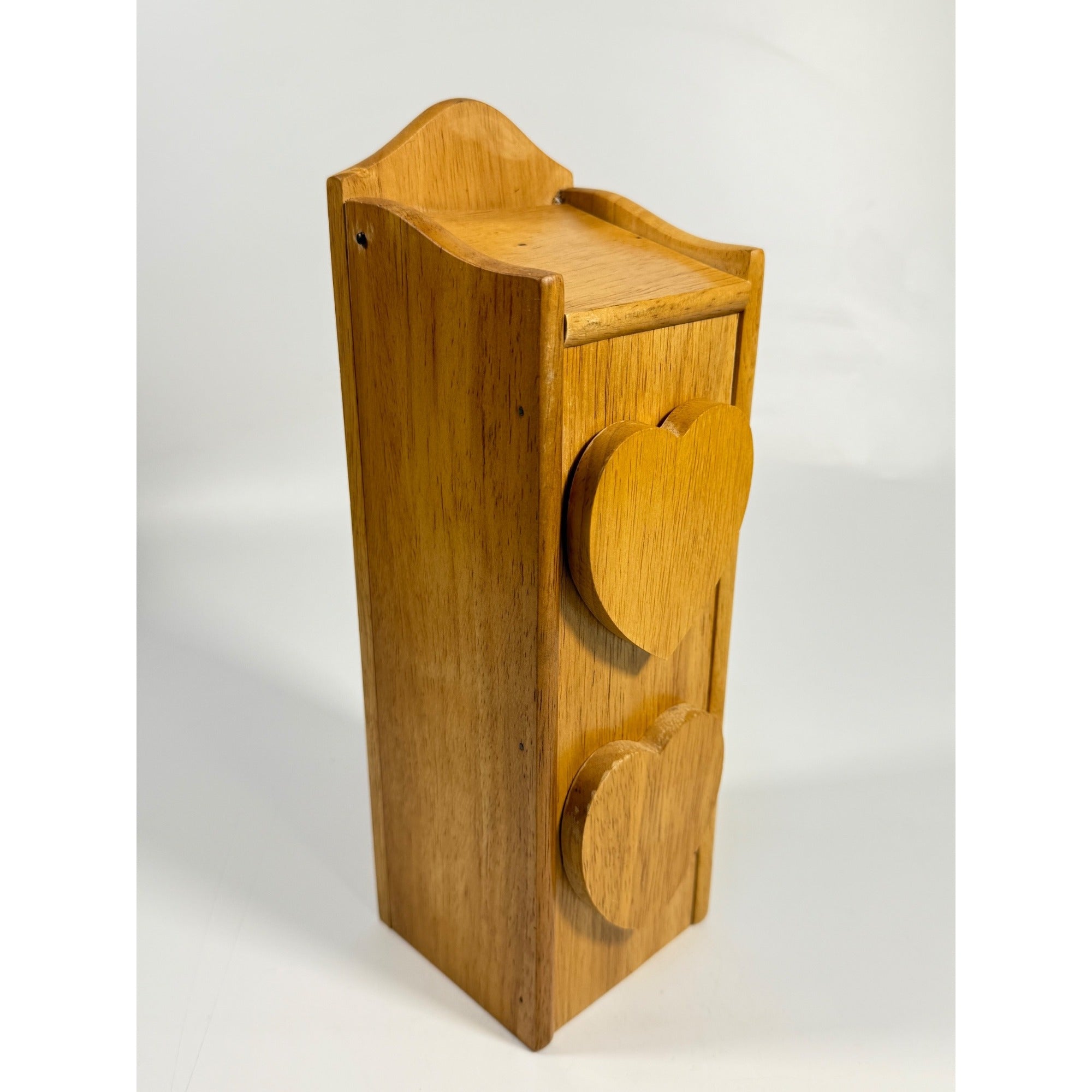 Solid Wood Tower Jewelry Storage Box Wooden Hearts Drawers Hinged Lid Hand Made Cottage Granny Core Country Primitve Wall Table Shelf