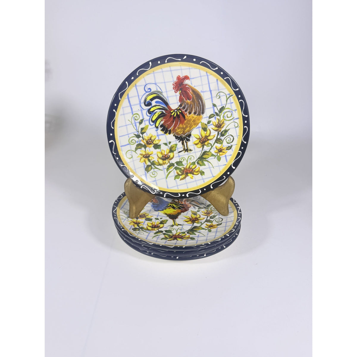 Salad Plates Rooster Chicken Set 4 Certified International Chanticlear Julie Ueland Replacement China Vintage French Farmhouse Flowers