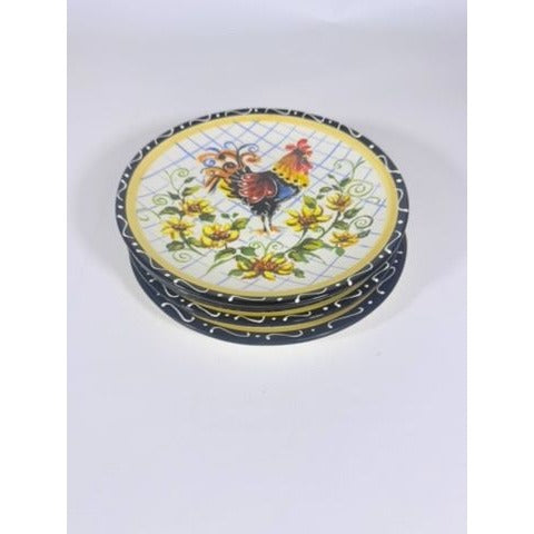 Salad Plates Rooster Chicken Set 4 Certified International Chanticlear Julie Ueland Replacement China Vintage French Farmhouse Flowers