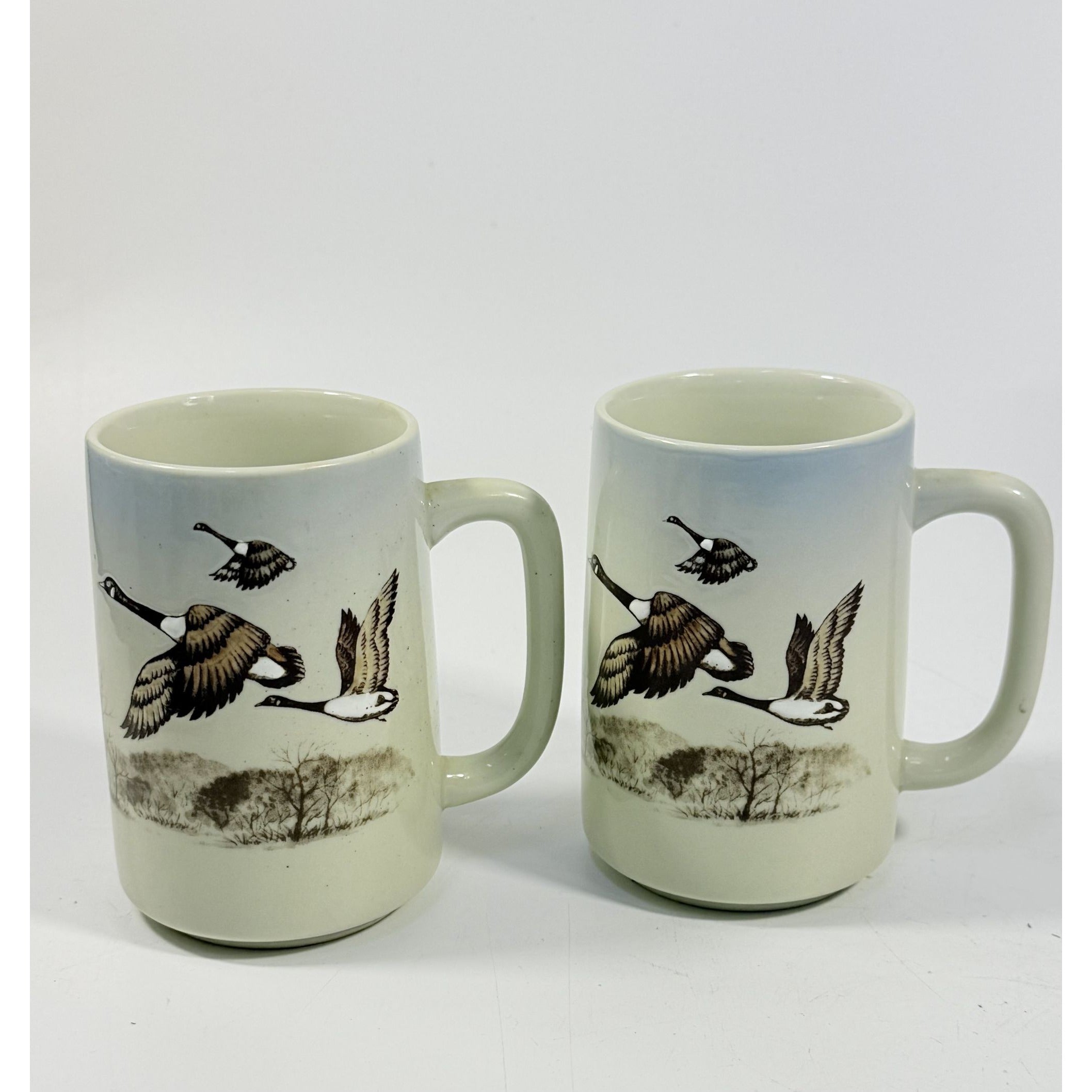 Pottery Coffee Mugs Cups Otagiri Hand Painted Flying Duck Canadian Geese Bird Japan Hunting Lodge Man Cave Vintage Big Handle Pair Set 2