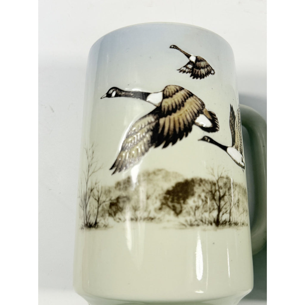 Pottery Coffee Mugs Cups Otagiri Hand Painted Flying Duck Canadian Geese Bird Japan Hunting Lodge Man Cave Vintage Big Handle Pair Set 2
