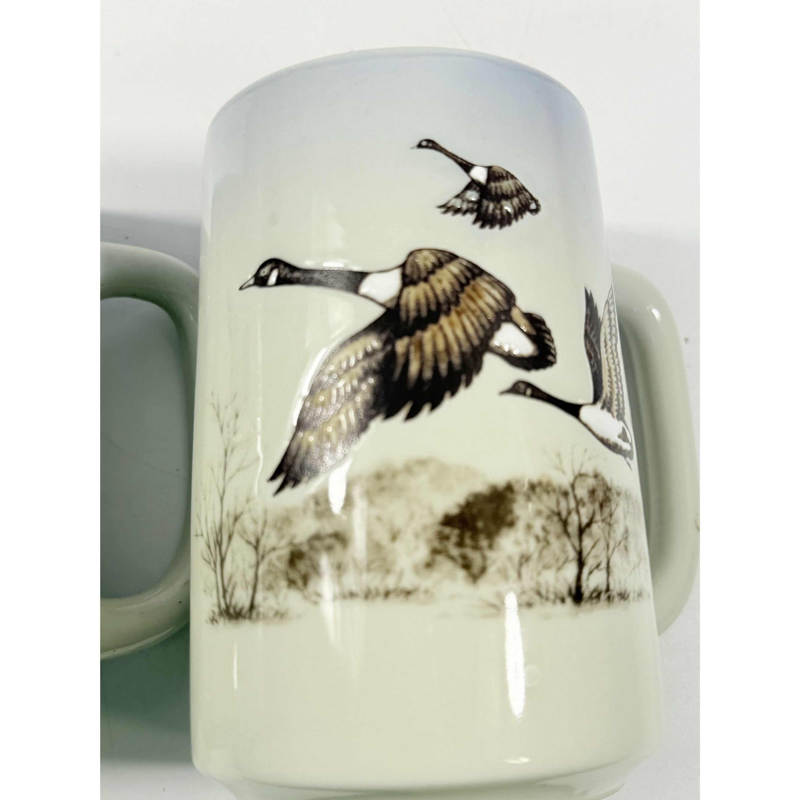 Pottery Coffee Mugs Cups Otagiri Hand Painted Flying Duck Canadian Geese Bird Japan Hunting Lodge Man Cave Vintage Big Handle Pair Set 2