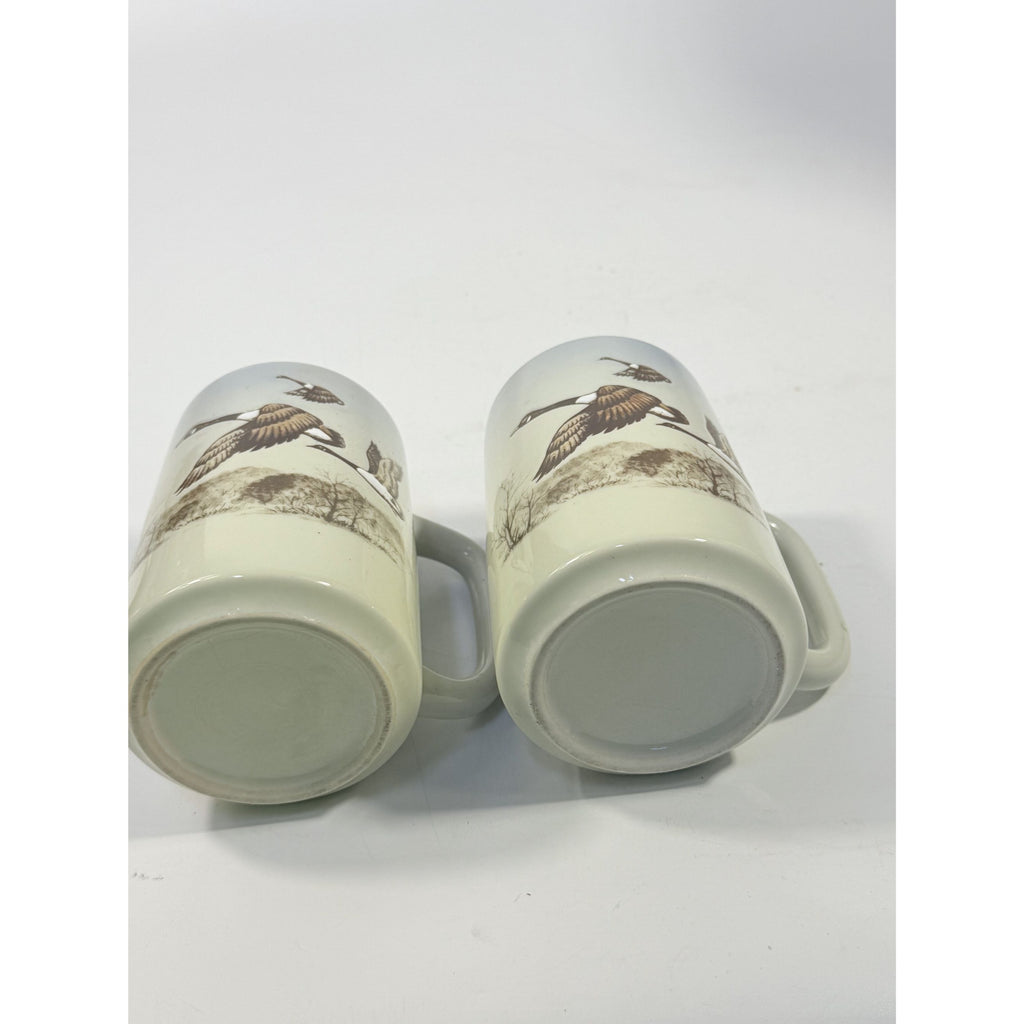 Pottery Coffee Mugs Cups Otagiri Hand Painted Flying Duck Canadian Geese Bird Japan Hunting Lodge Man Cave Vintage Big Handle Pair Set 2