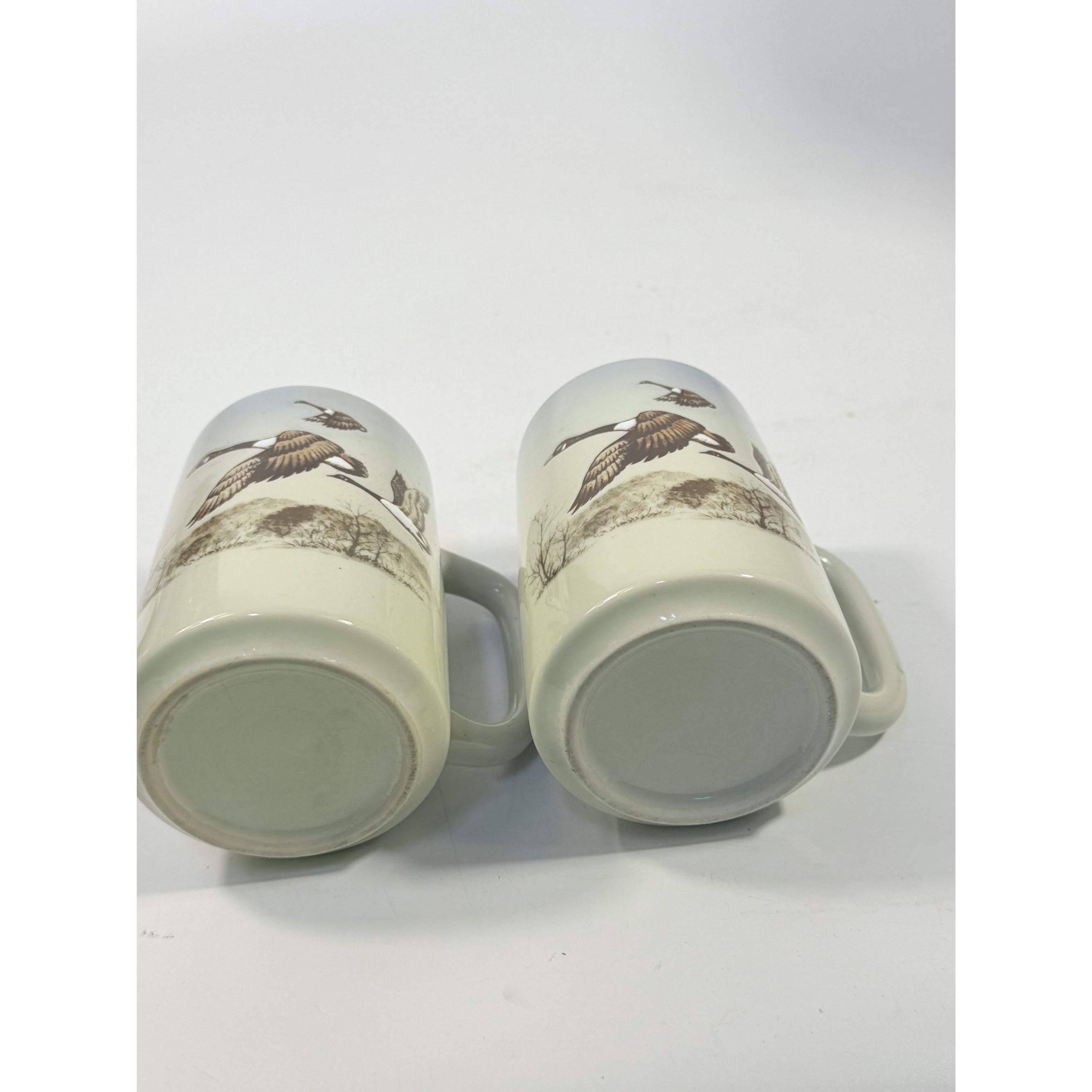 Pottery Coffee Mugs Cups Otagiri Hand Painted Flying Duck Canadian Geese Bird Japan Hunting Lodge Man Cave Vintage Big Handle Pair Set 2