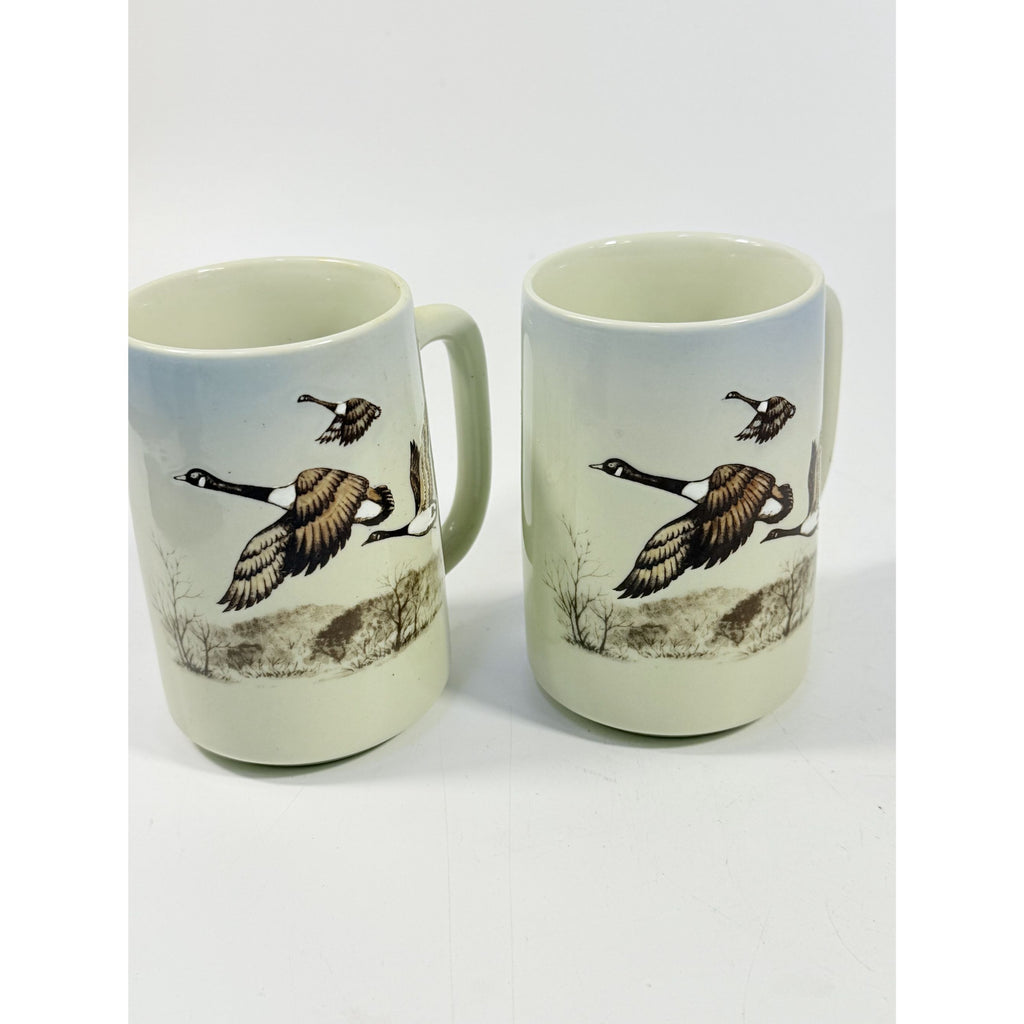 Pottery Coffee Mugs Cups Otagiri Hand Painted Flying Duck Canadian Geese Bird Japan Hunting Lodge Man Cave Vintage Big Handle Pair Set 2