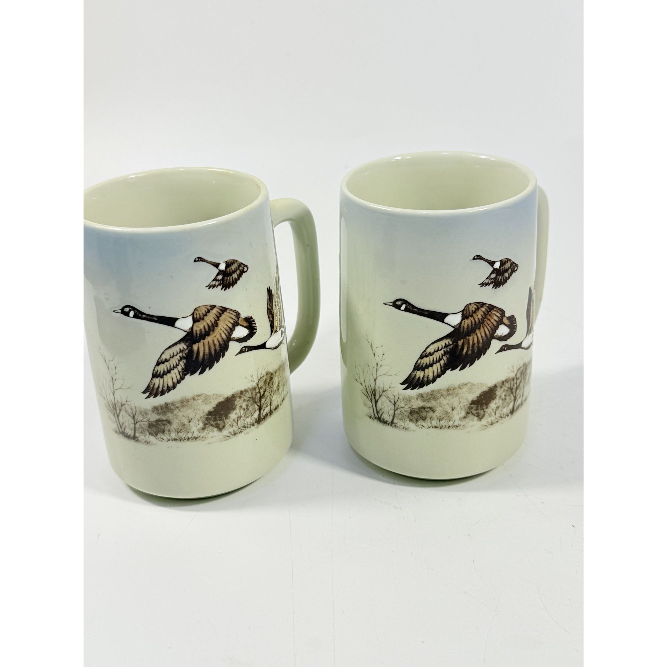 Pottery Coffee Mugs Cups Otagiri Hand Painted Flying Duck Canadian Geese Bird Japan Hunting Lodge Man Cave Vintage Big Handle Pair Set 2
