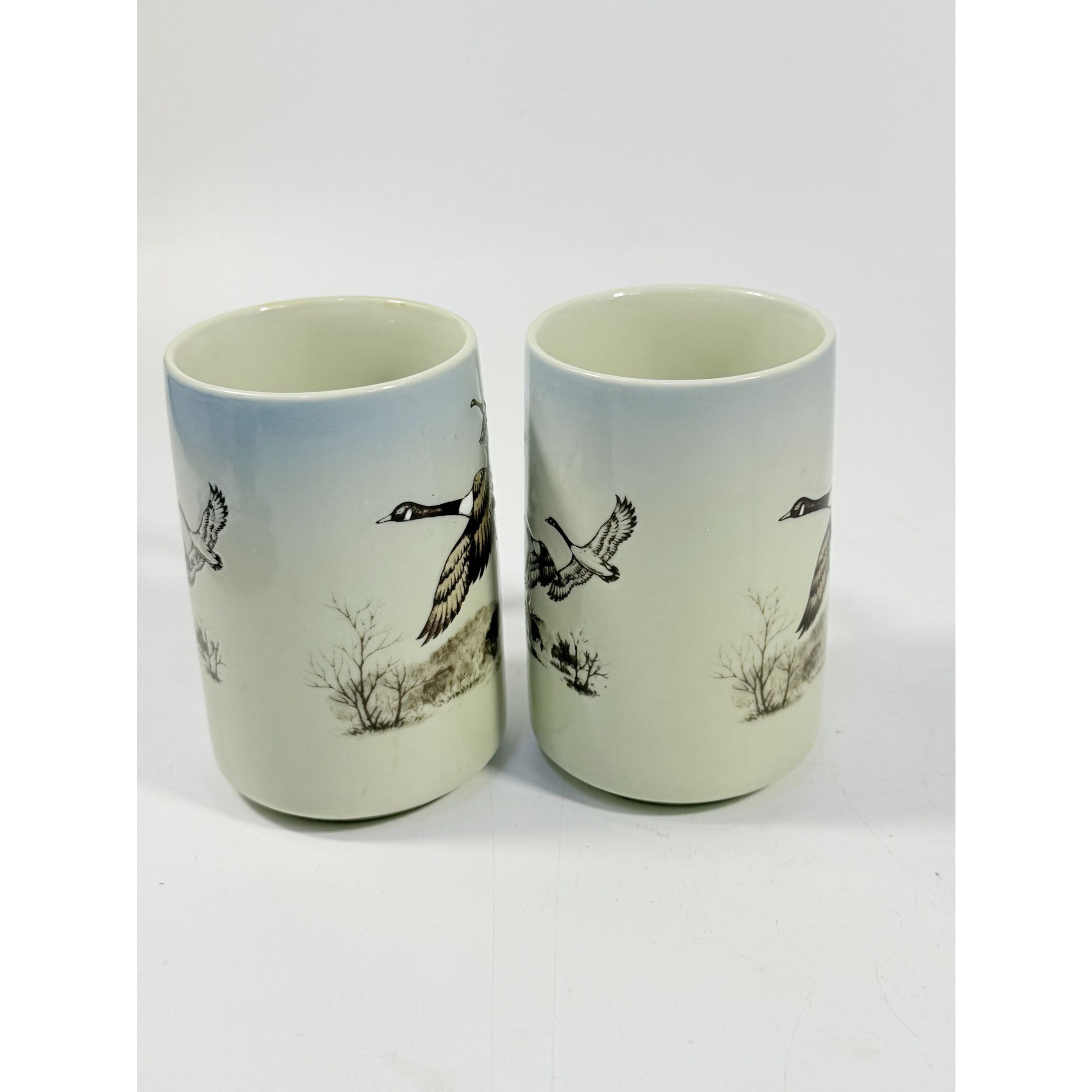 Pottery Coffee Mugs Cups Otagiri Hand Painted Flying Duck Canadian Geese Bird Japan Hunting Lodge Man Cave Vintage Big Handle Pair Set 2