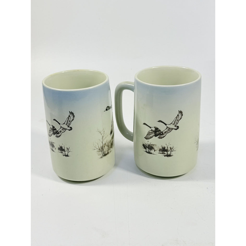 Pottery Coffee Mugs Cups Otagiri Hand Painted Flying Duck Canadian Geese Bird Japan Hunting Lodge Man Cave Vintage Big Handle Pair Set 2